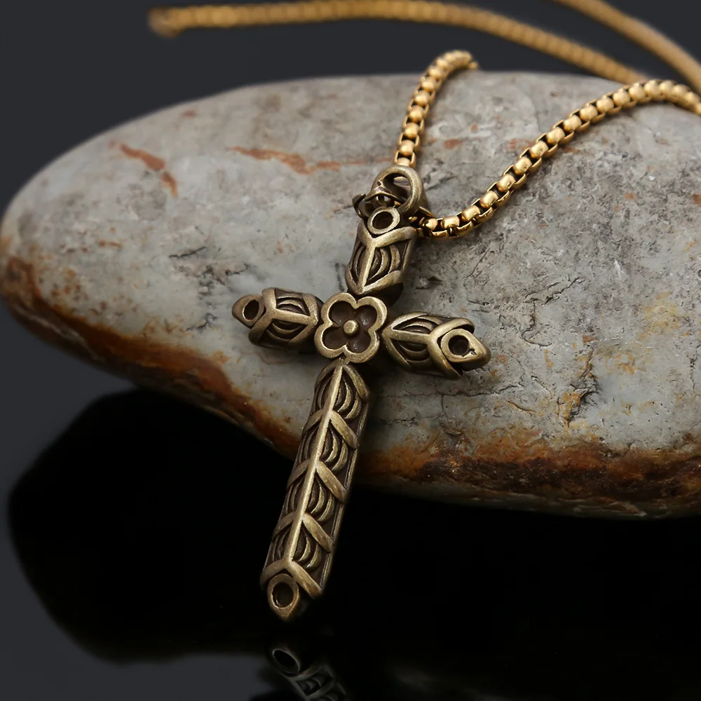 100pcs/lot Vintage Colorless Titanium Steel Cross Necklace Flower Pendant Men's Stainless Steel Neckchain Jewelry