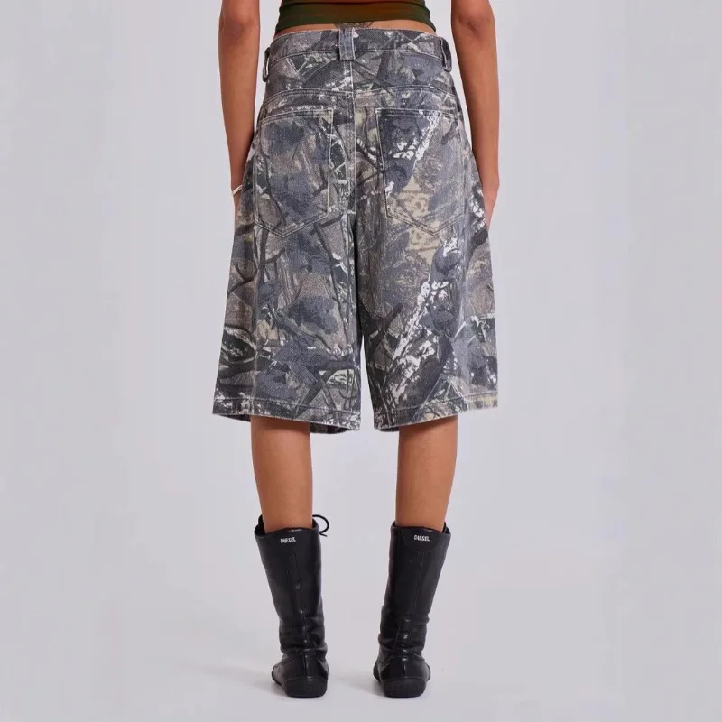 European American Summer Retro Street Branches Camouflage Printing Casual Loose Straight Seven-point Jeans For Women