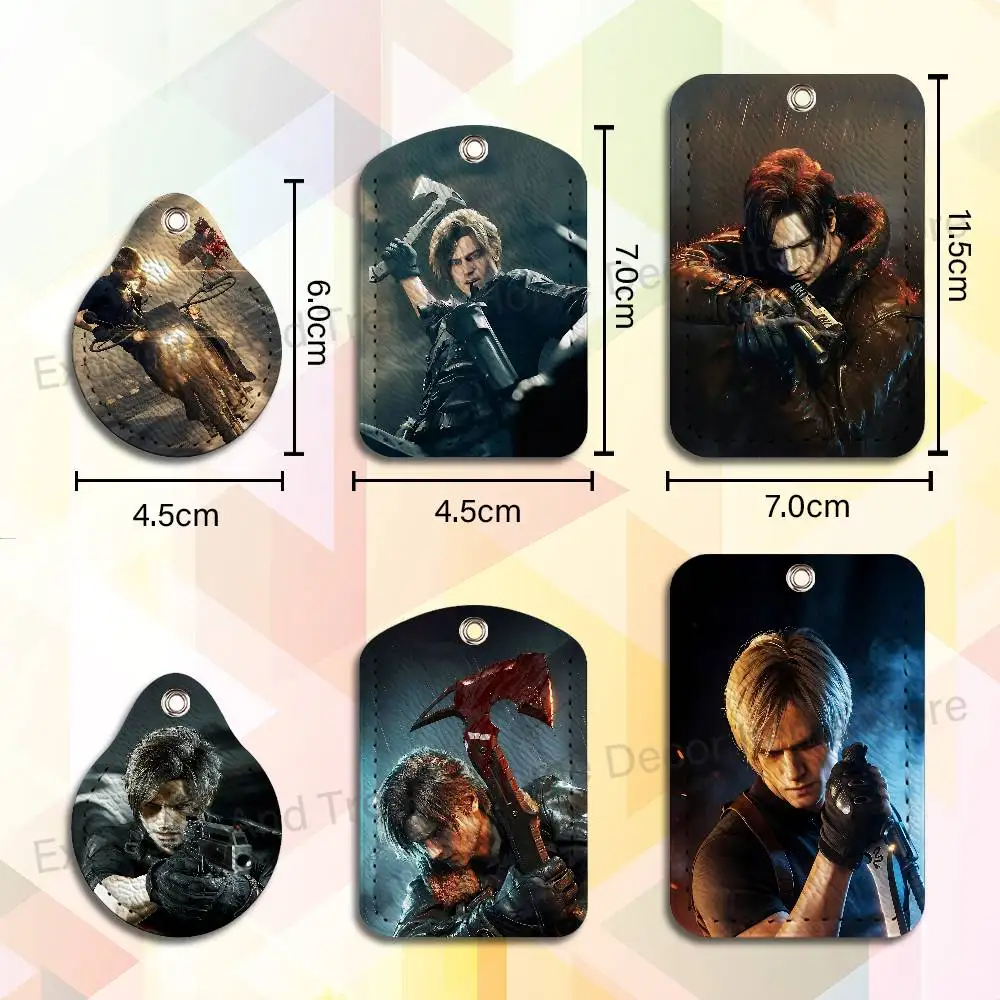 Leon Kennedy R-Resident E-Evil Key Tag Ring Leather Card Holder Key Ring Rectangle Access Card Holder