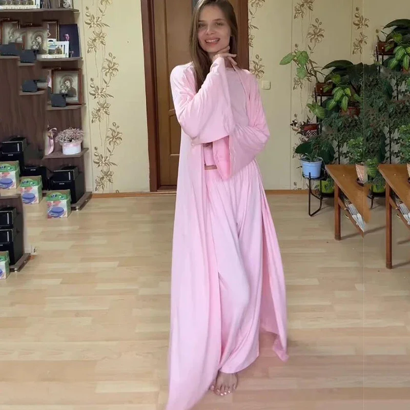 

Casual Solid Women 3 Pieces Suits V-neck Long Coats O-neck Slim Top Wide Leg Trousers 2026 Spring Summer New Fashion Female Sets