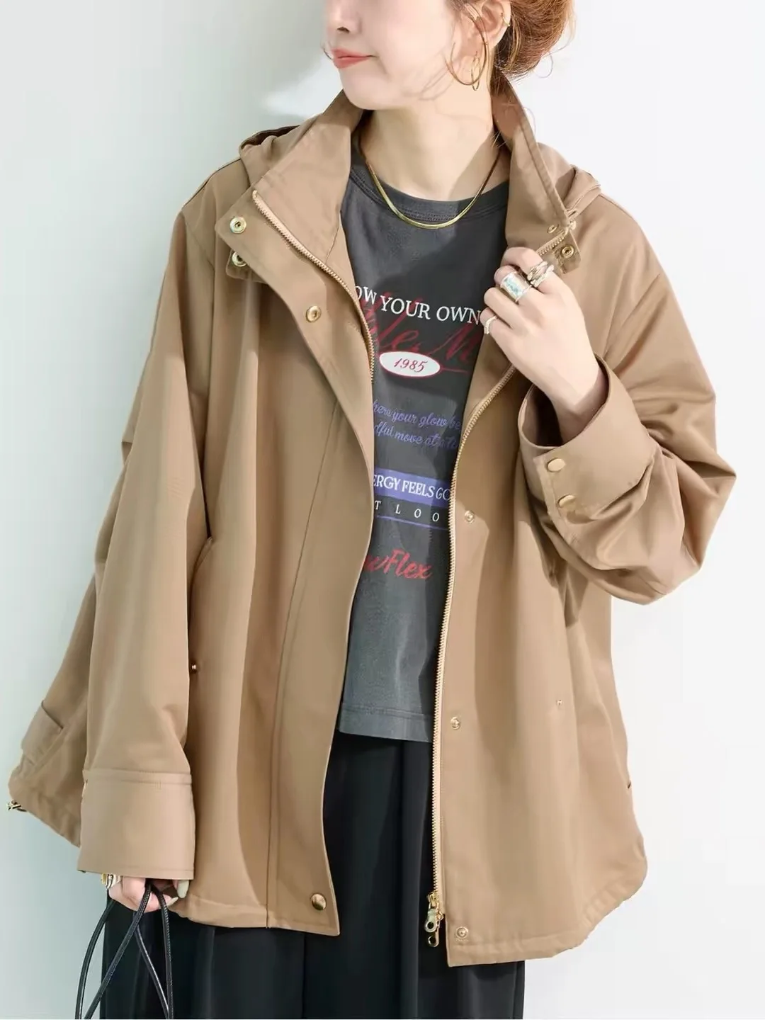 Water-Resistant Short Tent-Style Jacket with Detachable Hat Loose Fit Long Sleeve Zipper Closure  Color Women's Windbreaker