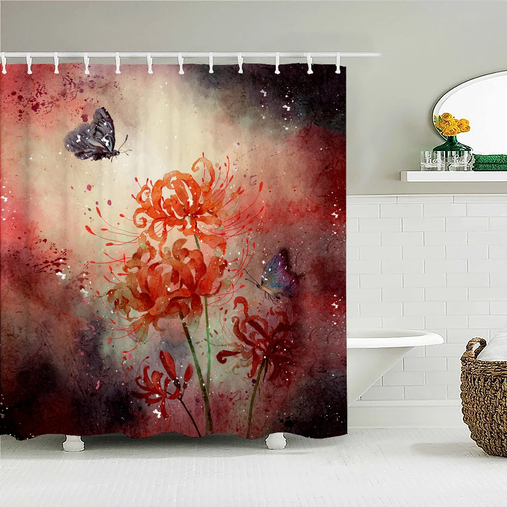

3D Feather Shower Curtain Colorful Butterfly Natural Flower Plant Bath Curtains Waterproof Cloth Bathroom Decor with Hook Screen