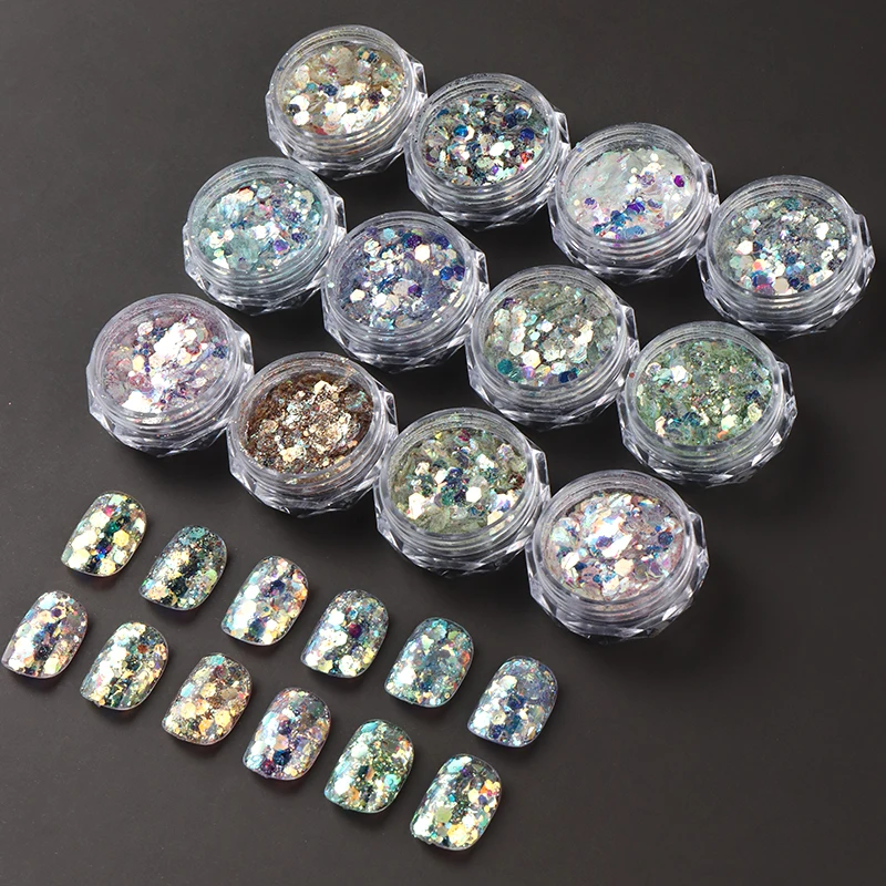 12 صندوق سباركلي مرآة حورية البحر مسمار بريق رقائق هولو قزحي الألوان الحرباء مسدس الترتر الماس الغبار مسمار الفن زينة #6