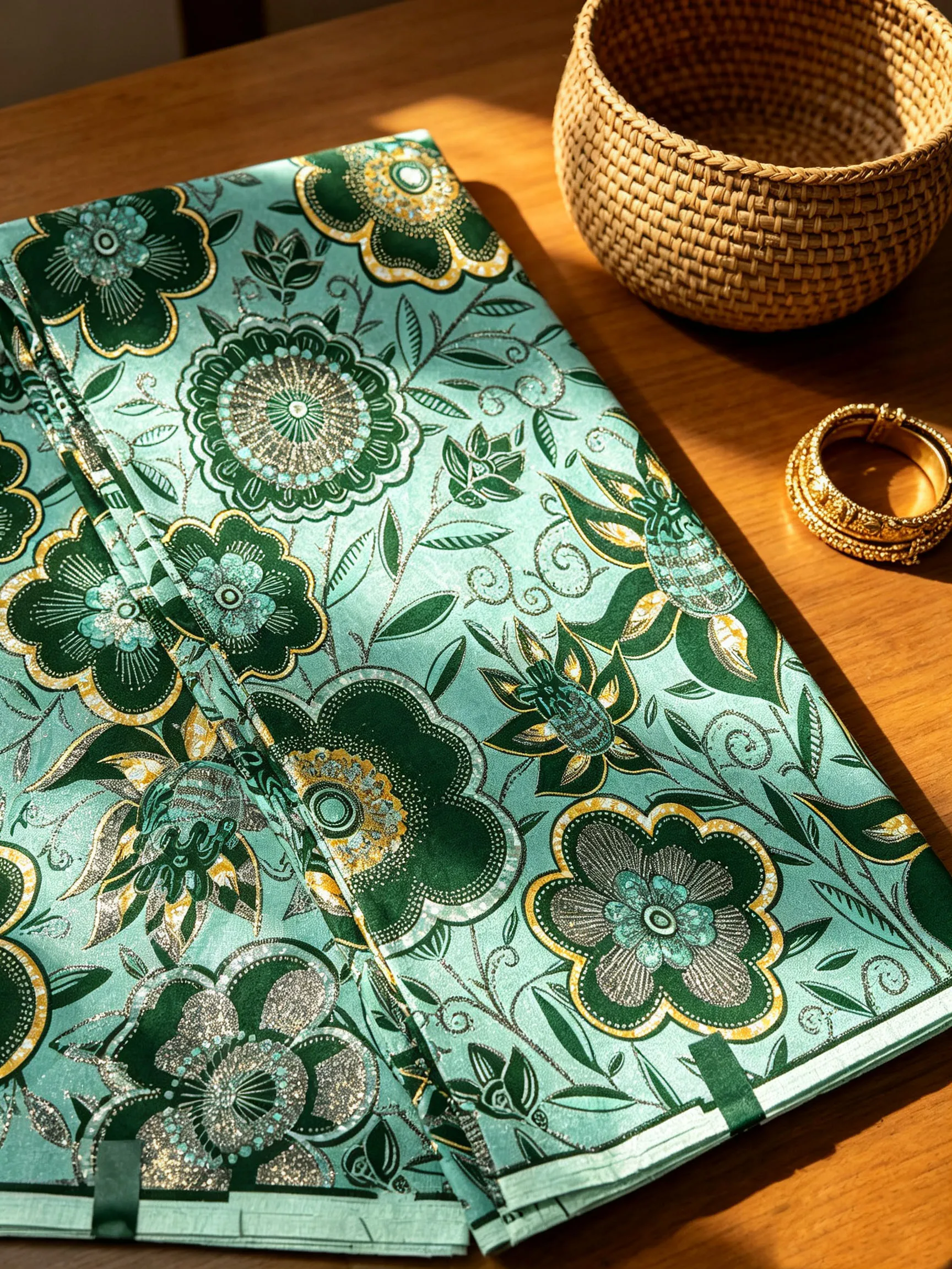 6Yards Green Floral Gold Sand Ankara Wax Fabric Batik Cloth for Dress Skirt Headwrap Wedding Outfit DIY Sewing Home Decor - view 2