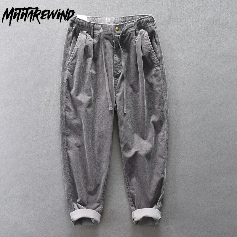 

Fall Winter Mens Pants Japanese Retro Casual Work Pant Men Cotton Drawstring Elastic Waist Corduroy Baggy Pants Fashion Trousers