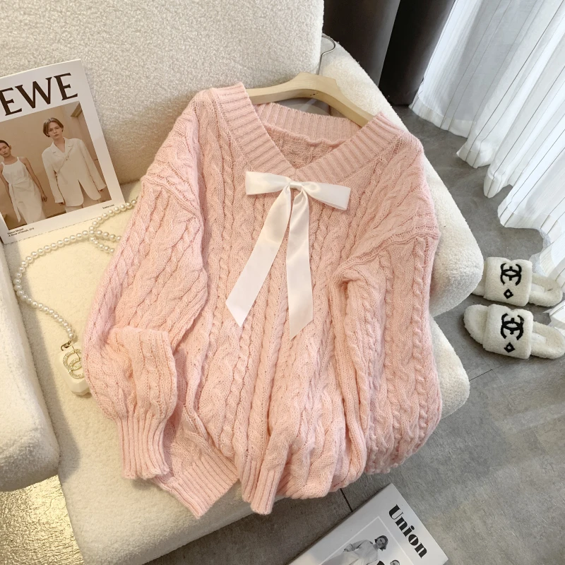 Women\'s Pink Bow Pullover Knitted Sweater Harajuku Aesthetic Y2k Long Sleeves V-Neck Sweaters Vintage 2000s Clothes Autumn 2024