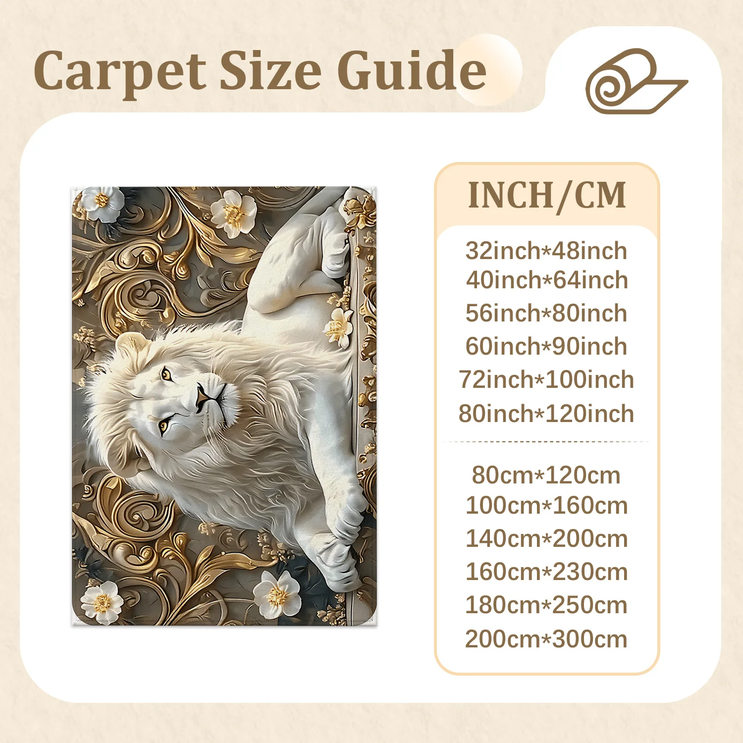 Large Indoor Area Rug, Soft Velvet Low Pile Non-slip Dotted Backing, Machine Washable, Elegant Ornate White Lion Gold Floral Pattern, Ideal for Living Room, Bedroom, Entryway Home Decor