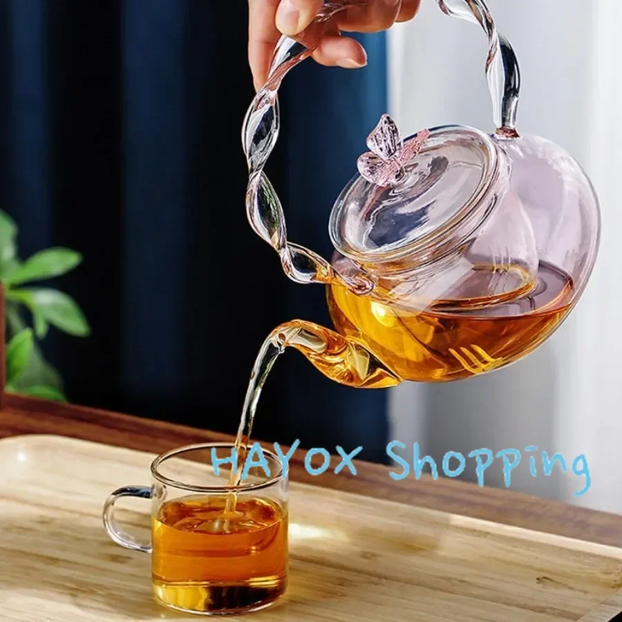700ml Glass Teapot Tea Water Separation Handle Pot Creative Pink Butterfly Button Flower Teaset High Temperature Resistant Cup
