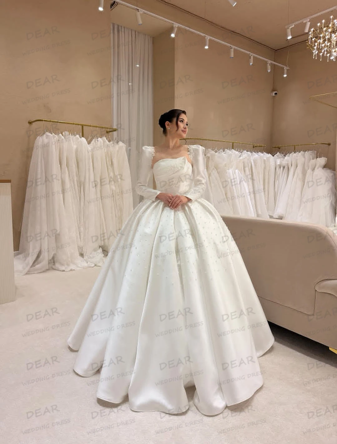 Simple Satin Beading Wedding Dresses Women's A Line Sexy Ruffles Bridal Gowns Party Strapless Vestidos De Novia Customized Party