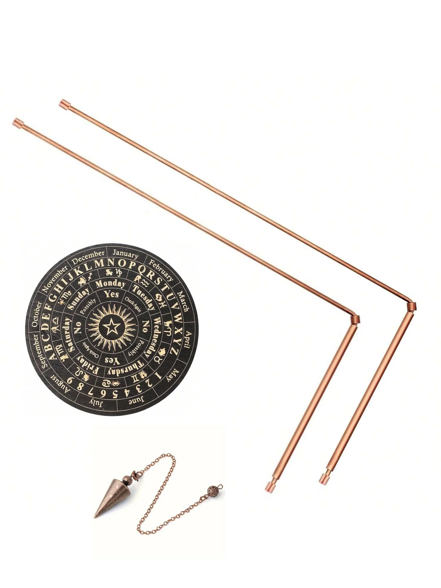 

4PCS Copper Dowsing Rods Kit - 99.9% Pure Copper Divining Rods with Pendulum Board Set Exploration Divination Tools
