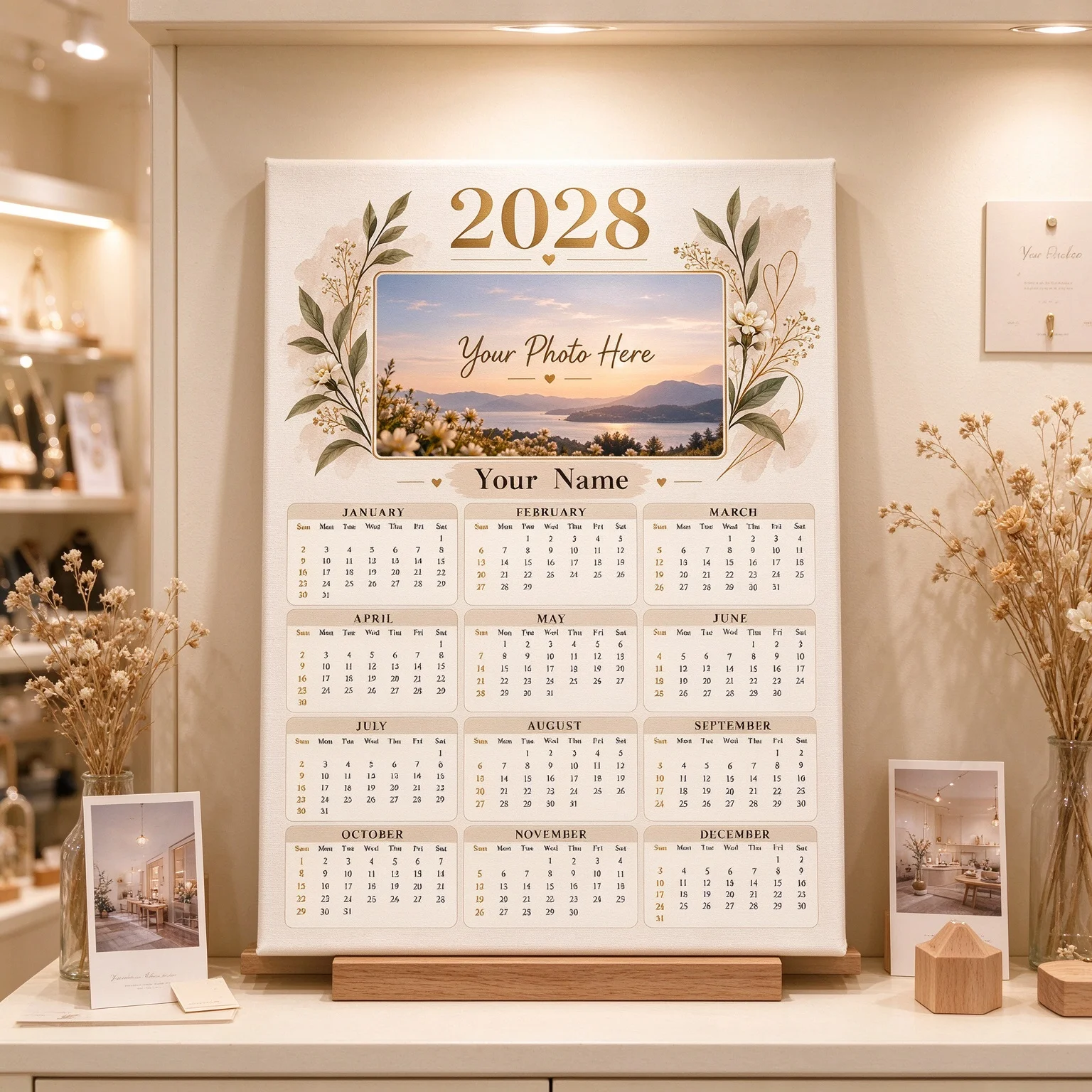 Personalized 2028 Wall Calendar with Custom Photo & Name, Botanical Floral Gold Watercolor Yearly Monthly Calendar, Home Office