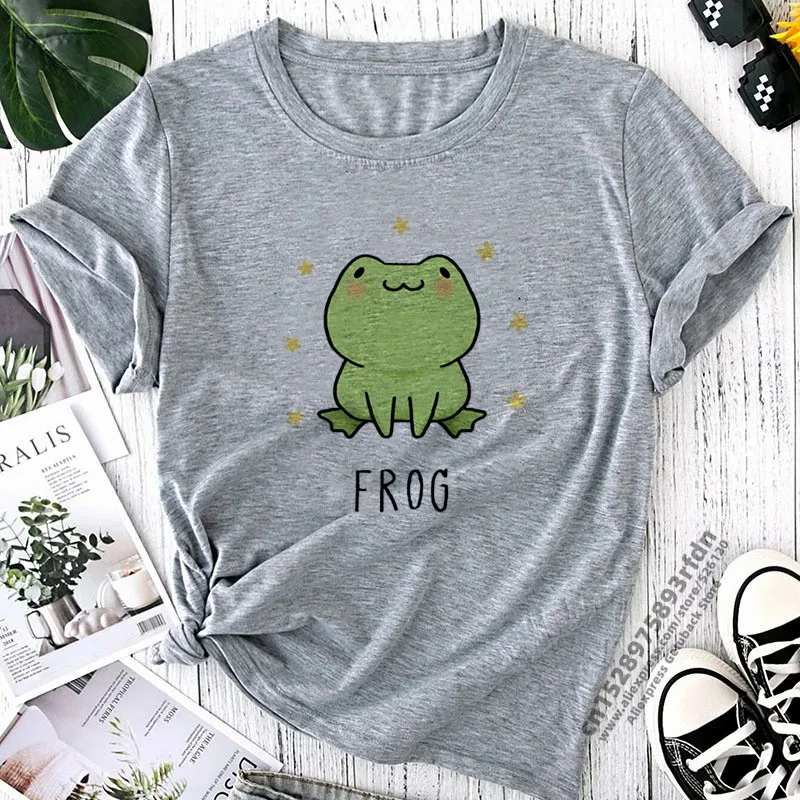 Cartoon Frog Print T Shirts Women Summer Short Sleeve Loose Anime T-shirt Female Harajuku O Neck Streetwear Kawaii Anime Tshirt