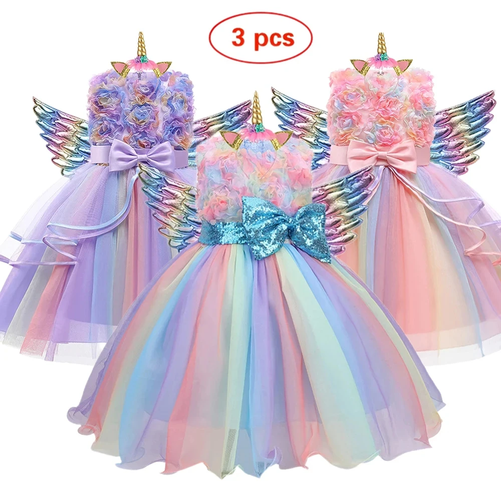 Neue Geburtstags feier Kleid Mädchen Regenbogen Kinder Kinder Halloween Einhorn führen Kostüm 3 Stück Prinzessin Hochzeits feier Kleid