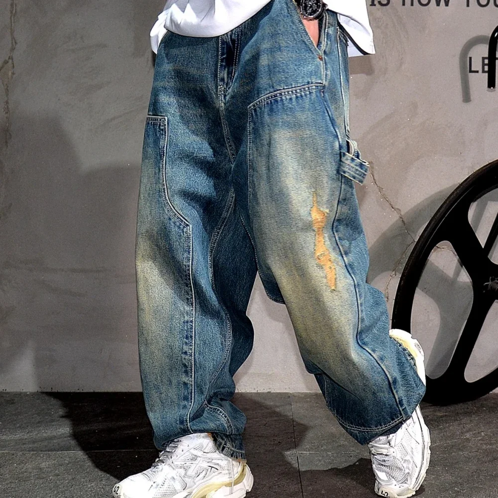 

Mens American Vintage Ripped Loose Fit Straight Leg Jeans High Quality Denim Cargo Pants Hip Hop Streetwear Trendy Trousers Male