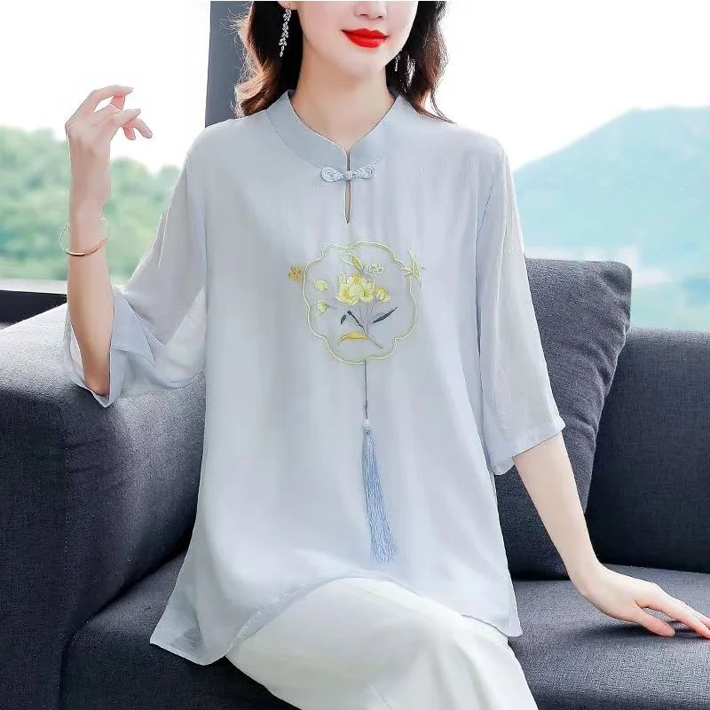 2024 New Summer Elegant Fashion Chic Retro Loose Office Lady Chinese Style T-shirts for Women Embroidery V Neck Short Sleeve Top