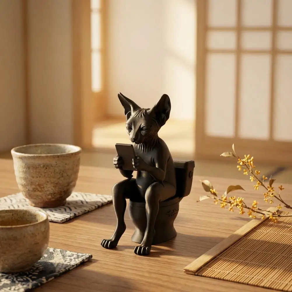 3d Printed Cat Toilet Figurine Sphynx Cat Watching Phone Desktop Decor 3d Printed Hairless Cat Figurine Funny Miniature for Home