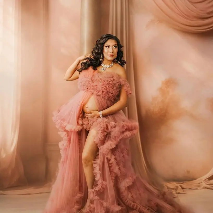 

Dust Pink Maternity Photoshoot Dress Empire Waist Tulle Prom Gown Women Sleeveless Baby Shower Dresses Formal Wear