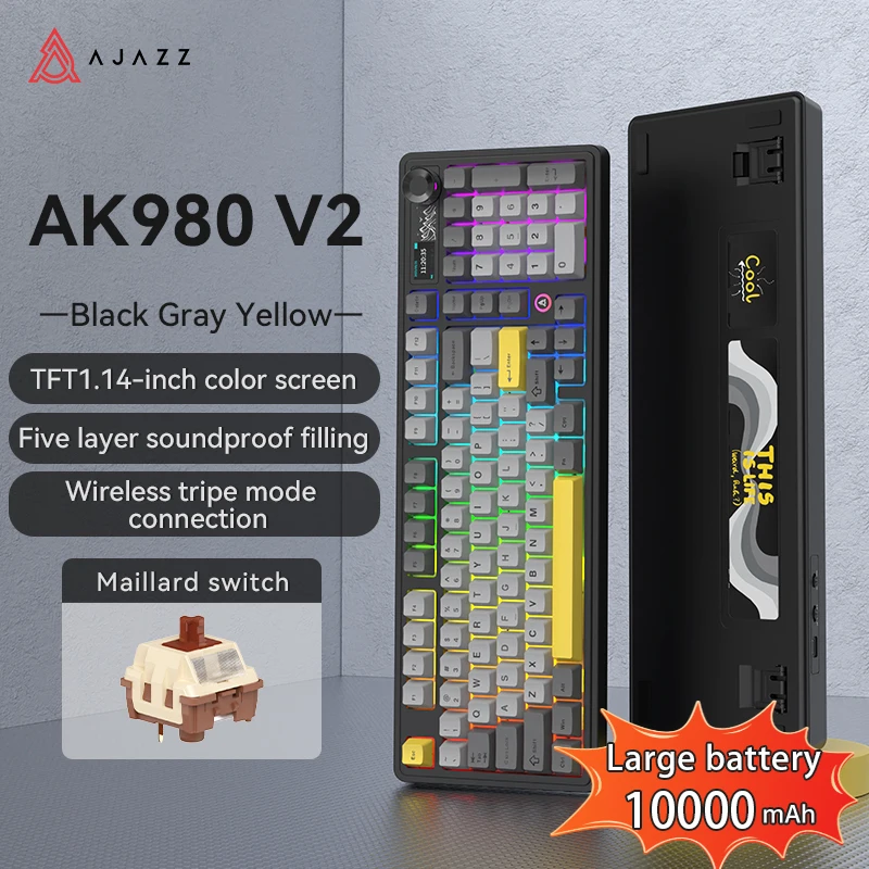 AJAZZ AK980 V2 PRO 98 Layout Gasket Mechanisch Toetsenbord, 10000mAh Lange Batterijduur, Full-key Hot-swap, TFT Display & Knop, 8K Polling Rate, RGB Verlicht Gaming Toetsenbord