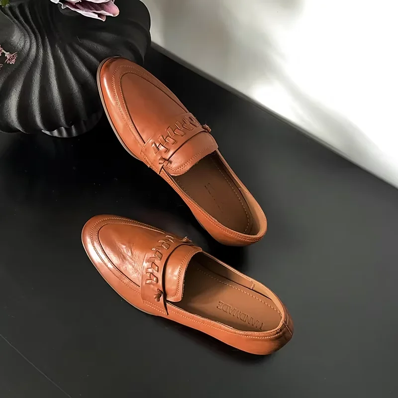 Spring Loafers Woman Shoes Real Leather Round Toe Women Vintage Shoes Slip-On Quality Loafers Handmade Retro Shoes Size 43