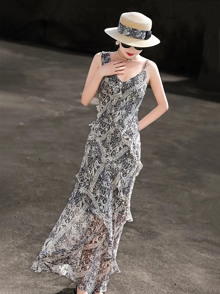 ReddaChic Damska Letnia Sukienka Maxi z Głębokim Dekoltem, Szyfonowa, z Nadrukiem, Dekolt V, Cienkie Ramiączka, Asymetryczna Falbanka, Jednoczęściowa, Boho, Wakacyjna, Plażowa