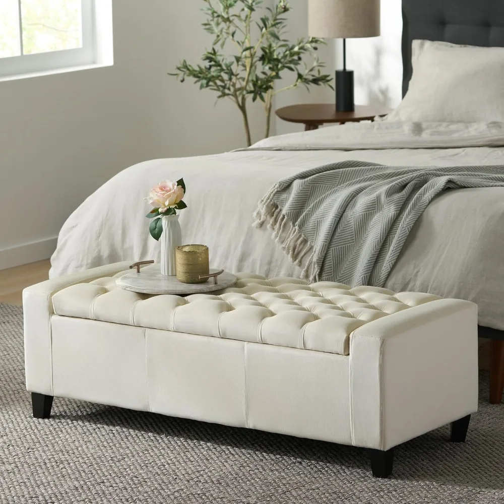 

White Colored Tufted Storage Ottoman, Ideal for Living Room and Bedroom, with Hidden Storage Space