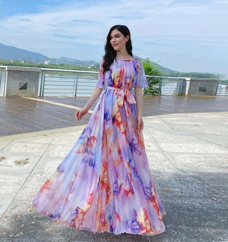 Plus Size Bohemian Beach Sundress Flying Clothing Chiffon Loose  Elegant Vestido Robes Lady Holidays Prom Long Dress Belt Which