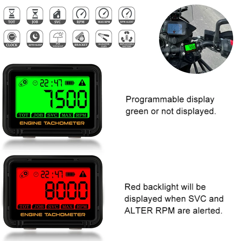 

Tachometer Hour Meter Digital Motorcycle ATV Lawn Mower Engine Gauge LCD SVC Inductive Alert RPM Clock Backlight Waterproof