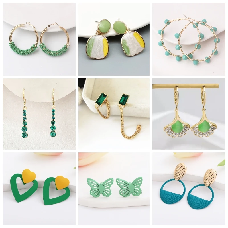 Green Color Crystal Dangle Earrings for Women Flower Pendants Imitation Pearl Earrings Metal Leaves pendientes Party Gift