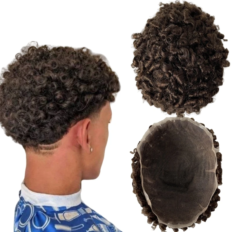 

Brazilian Virgin Human Hair Replacement Brown Color #4 15mm Curl Knots PU Toupee 8x10 Skin Unit for Black Men