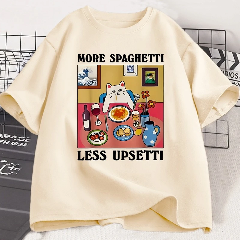 المزيد من السباغيتي أقل Upsetti مضحك القط تي شيرت الرجال النساء مطبوعة تي شيرت Harajuku س الرقبة القطن قصير الأكمام تي شيرت القط عاشق