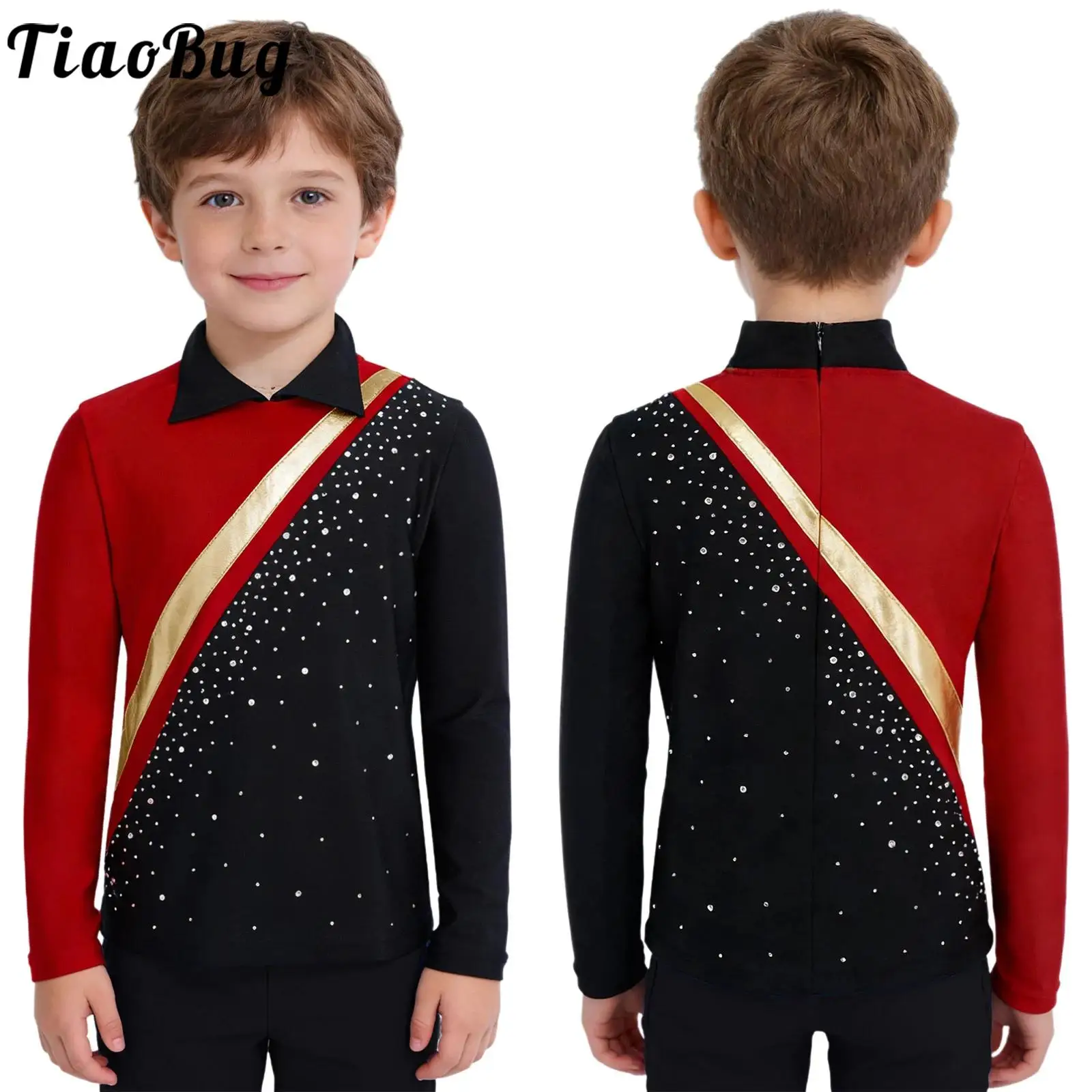 Kids Boys Figure Skating Lyrical Tango Jazz Costume Shirt for Competition Performance Contrast Color Long Sleeve Rhinestones Top