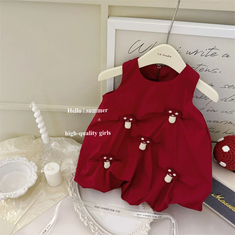 2024 Summer Dress Red Super Cute Girls Cotton Dress Treasure Mushroom Flower Bud Dress Kids Clothes