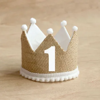 Burlap Crown หมวกปาร์ตี้วันเกิดเด็ก 1/2 1 2 3 4 5 6 7 8 9 ปีเด็กทารกสาวผ้าลินิน 100 ปีผู้ใหญ่หมวกครบรอบ