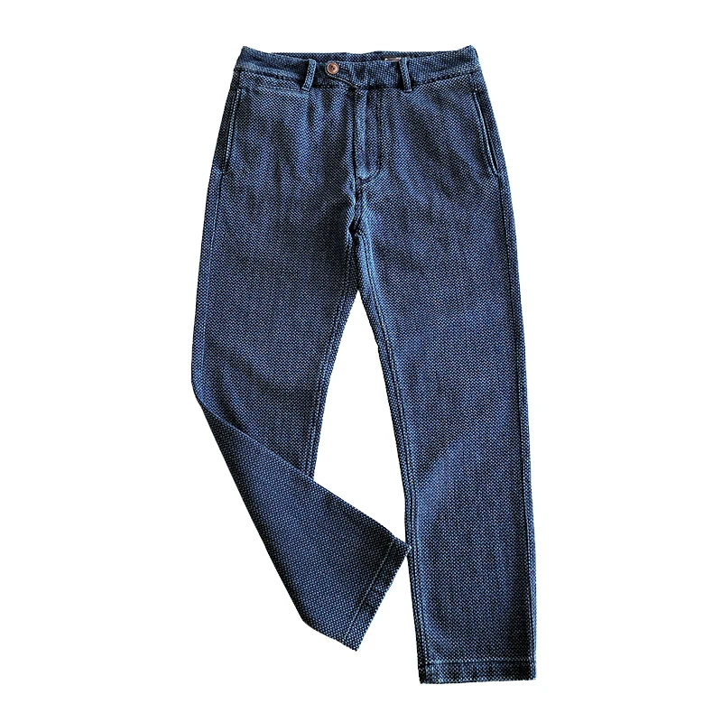 Pantalones rectos para hombre, traje informal Vintage de algodón Sashiko de ajuste Regular azul añil