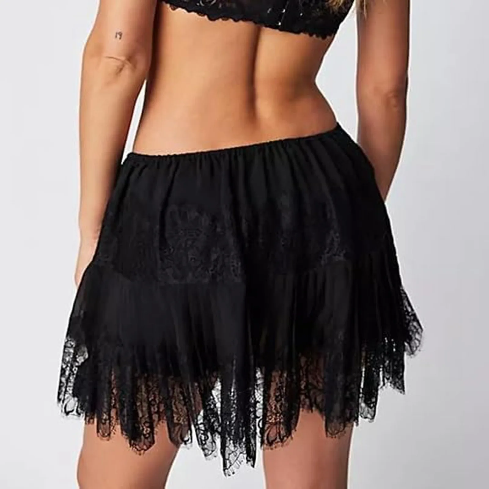 Fashion Women Lace Mini Skirt Low Rise Pleated Ruffle Half Slip Skirt Layered Flowy Short Skirt Beach Holiday Streetwear