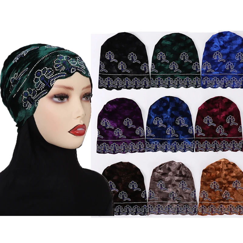 Diamonds Undercap Stretchy Hijab Plain Soft Bonnet Muslim Women Elastic Flannel Inner Hijab Turban Islam Underscarf