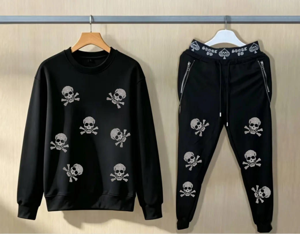 Men Hip Hop Luxury Oversize hotfix rhinestone Hoodie Fashion Suit Daily Wear Outfit Set view 4