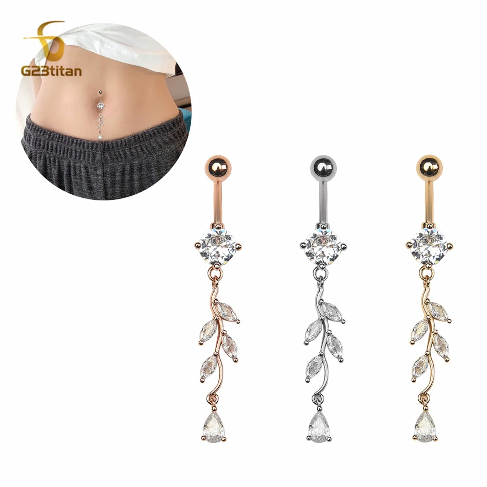 G23titan długi frędzel do pępka pierścień cyrkon wisiorek z listkiem zwisają tytanowy lub stalowy kolczyk pępek kobiet Piercing biżuteria