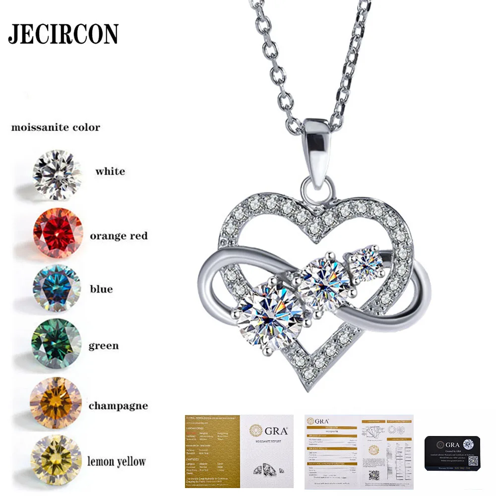 

JECIRCON 925 Sterling Silver Moissanite Love Pendant for Women 1.6ct Triple Stone European and American Fashion Clavicle Chain