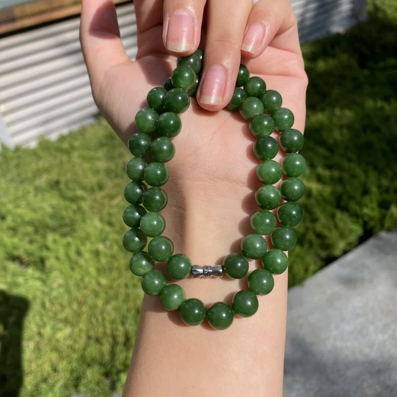 Natural Hotan Old Mine Material Spicy Spinach Green Round Bead Women'S Jade Necklace