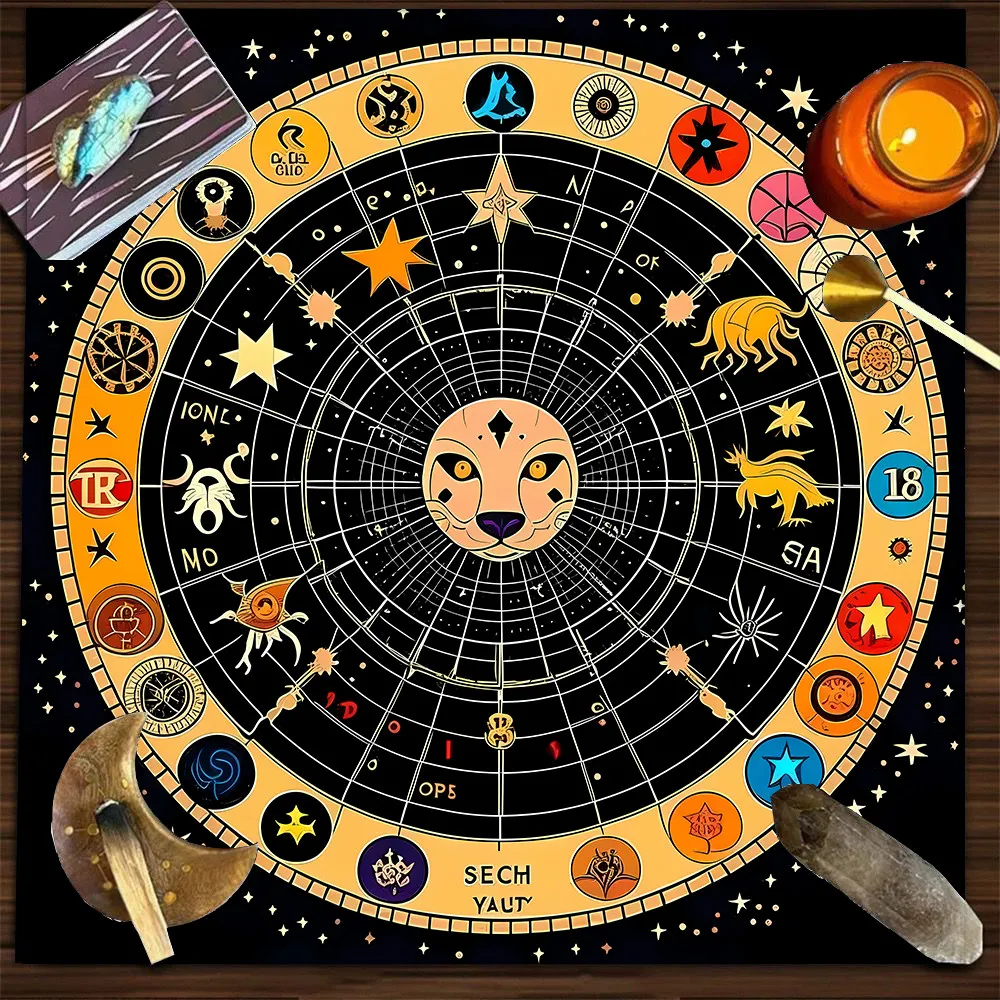 VIKAMA Zodiac Wheel & Lion Face Tarot Tablecloth, 6 Designs, Square Velvet Altar Cloth for Divination