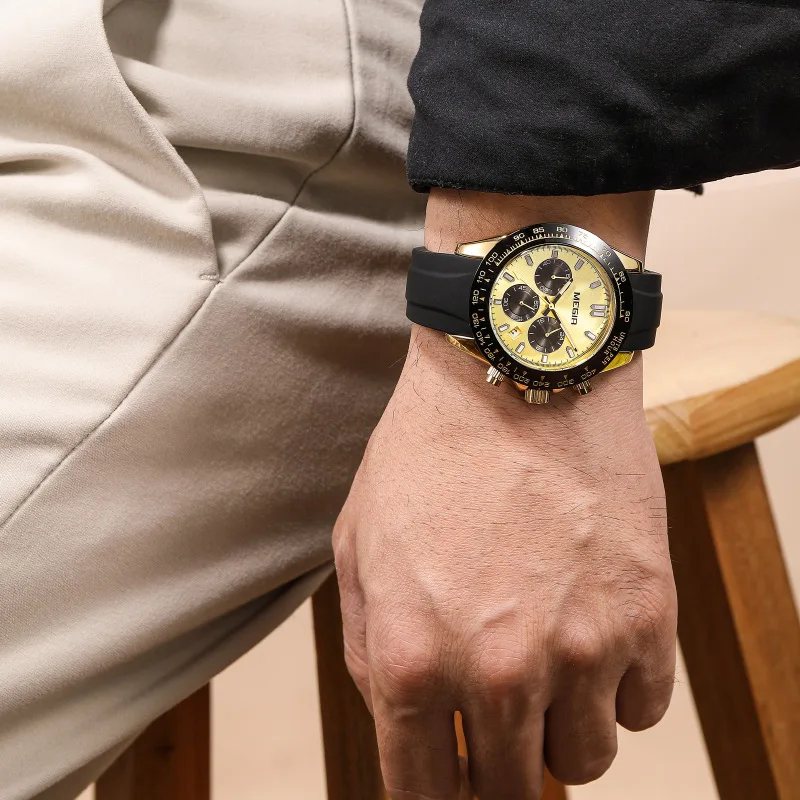 MEGIR 8104 Quartz Watch Fashion Cool Sports Chronograph Luminous Black Gold Silicone Strap Wristwatch for Men Clock Gift ﻿