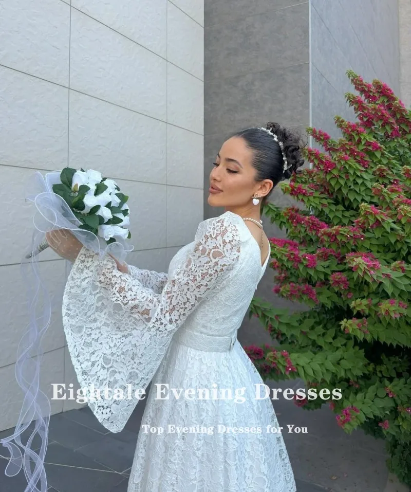 Eightale vestido de casamento árabe personalizado marfim cetim chá comprimento vestido de noiva muçulmano a linha com decote em v renda vestido de festa de noiva