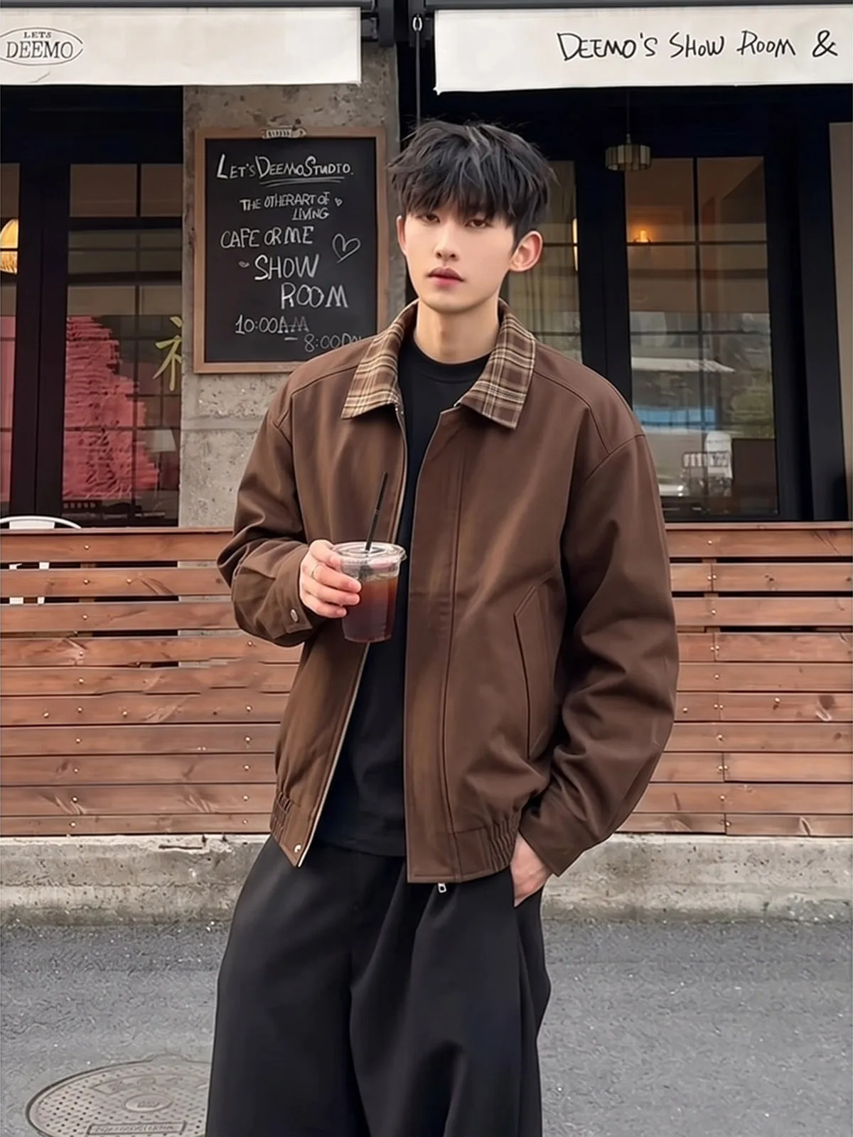Vintage Men's Pilot Jacket Baseball Style Patchwork Shoulder Pad Plaid Splicing Outerwear Loose Fit Youthful Autumn Outerwear