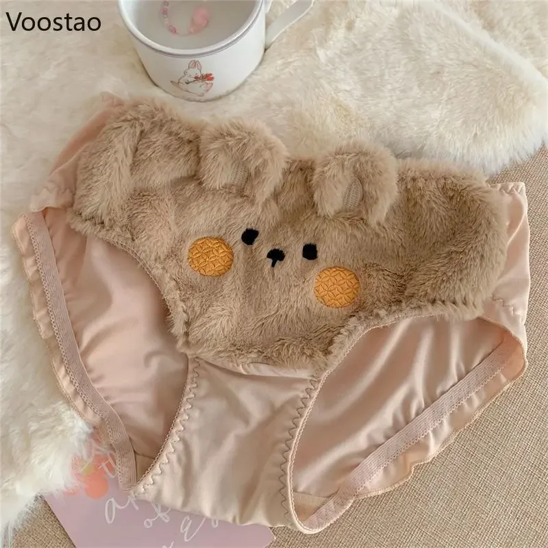 Japanese Cute Bunny Lolita Plush Cartoon Girl Underwear Sweet Underpants Soft Warm Kawaii Bear Briefs Female Lingerie Panties