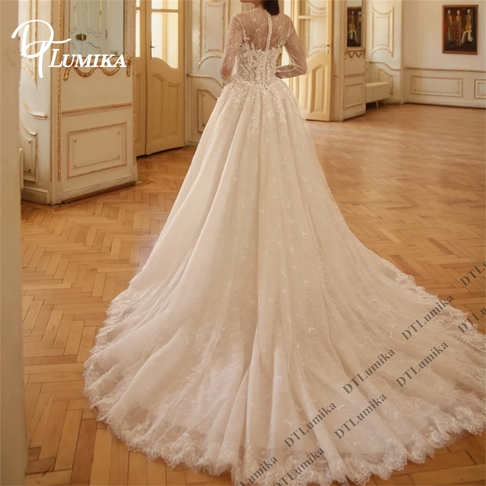 DTLumika Romantic Long Train Lace Bride Dress with Lace Corset Sheer High Neck Full Sleeves Customized Wedding Dresses Bridal