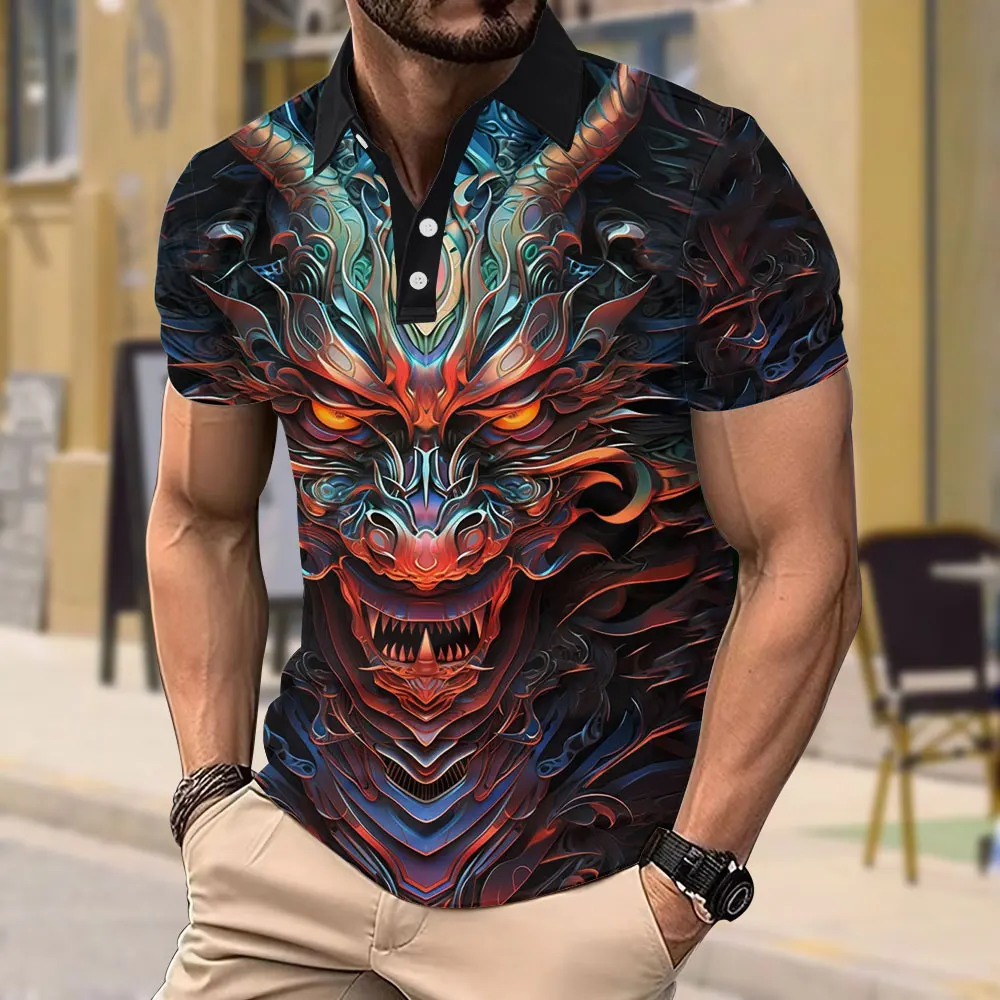 Summer Fashion Men's Large Size T-shirt Mechanical Animal 3d Print Short-sleeved Top Y2k Clothing Punk Street Button Polo Shirt