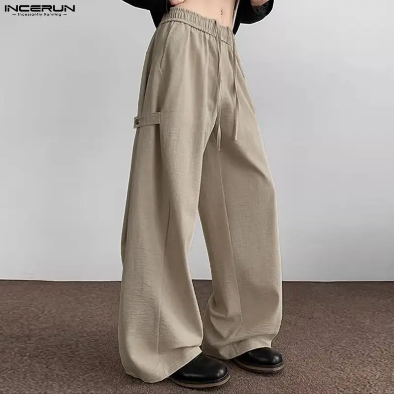 

INCERUN Men Pants Solid Color Drawstring Joggers Loose Casual Wide Leg Pants Men Streetwear Fashion Leisure Male Trousers S-5XL