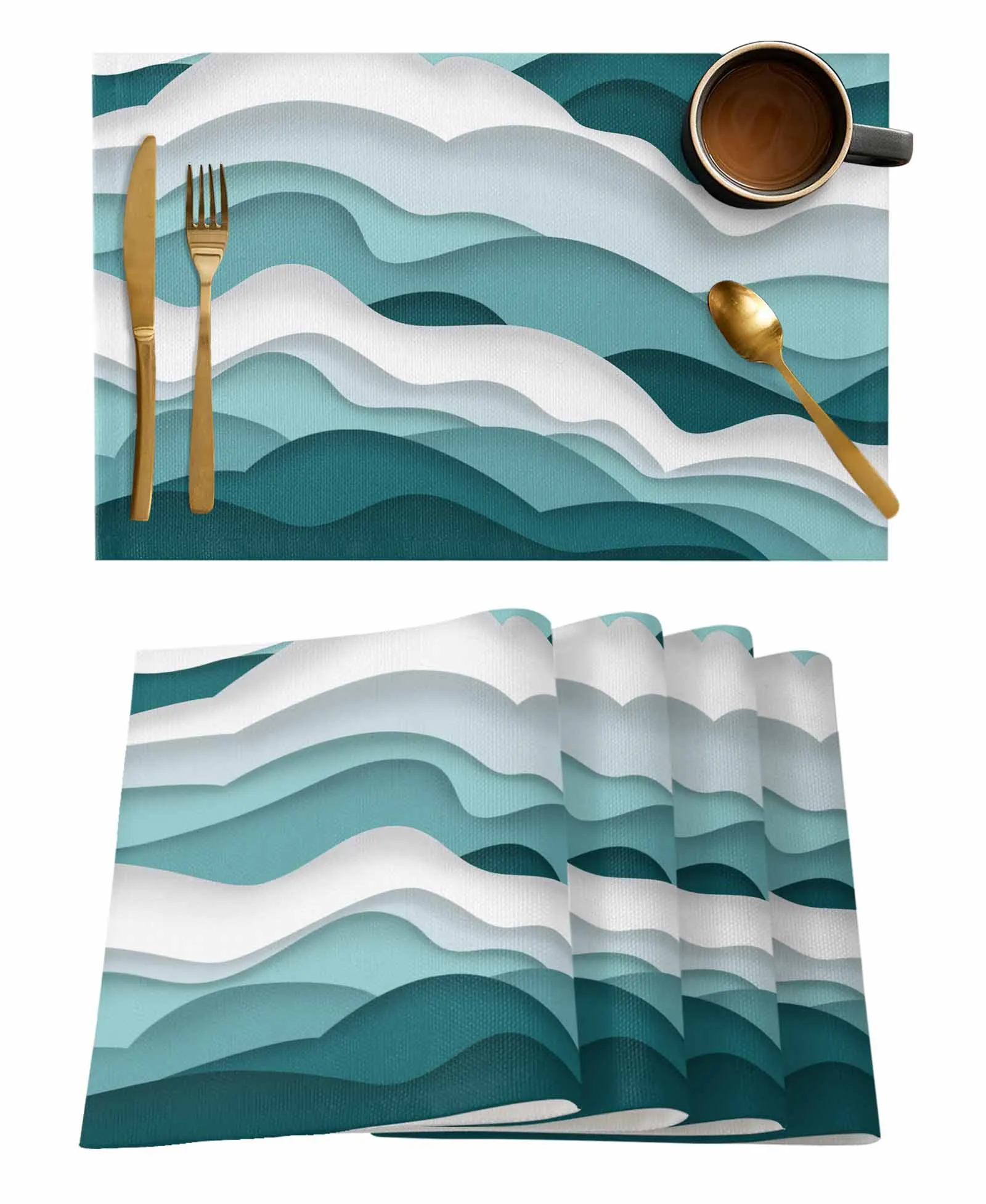 Gradual Wave Turquoise Gradual Table Runners For Dining Room Tablecloth 4/6 Pcs Placemats Table Cover