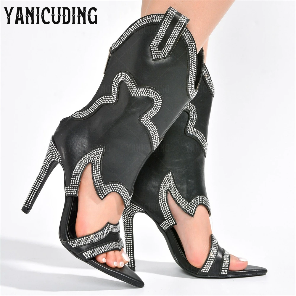 Skinny Rhinestone Western Summer Booties Open Toe High Heeled Sandals Pointed Stiletto Heel Luxurious Handmade Boots for Women